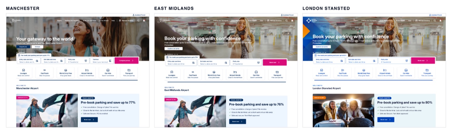 The Manchester, East Midlands and London Stansted airport websites side by side, showing the same booking widget, quick links and content cards in three different colour palettes