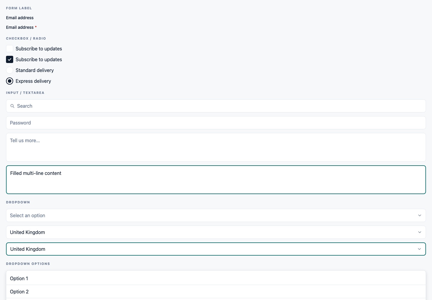 A gallery of generated form components rendering in the browser: labels, checkboxes, radios, inputs, textareas and dropdowns, each shown in empty, filled and focused states